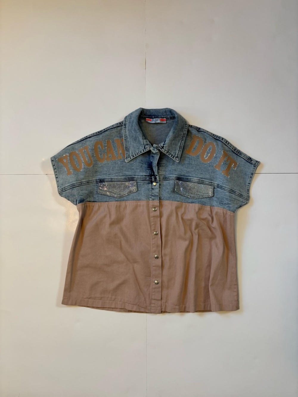Two-Tone Denim & Taupe Button-Down Shirt - YOU CAN DO IT